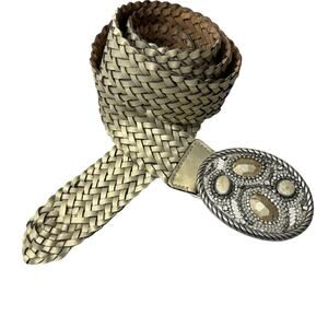 Chicos Woven Leather Belt Womens Gold Gem Buckle Embellished Bead Boho Wrap 52"